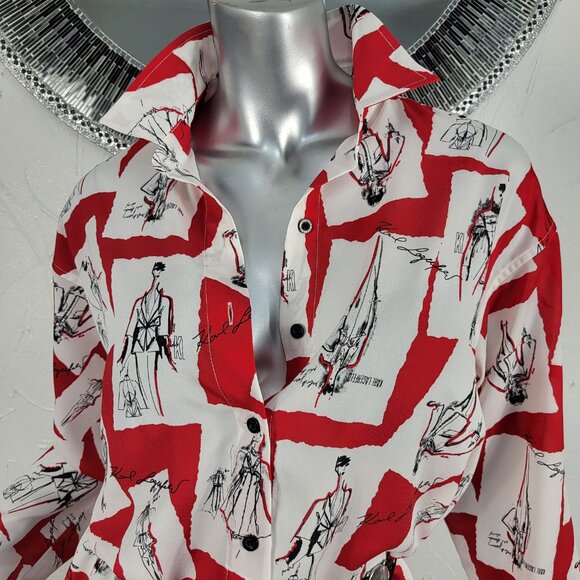 NWOT~$89~KARL LAGERFELD~S/M/L~OVERSIZED RED WHITE BLACK BLOUSE SHIRT TOP - Picture 2 of 16